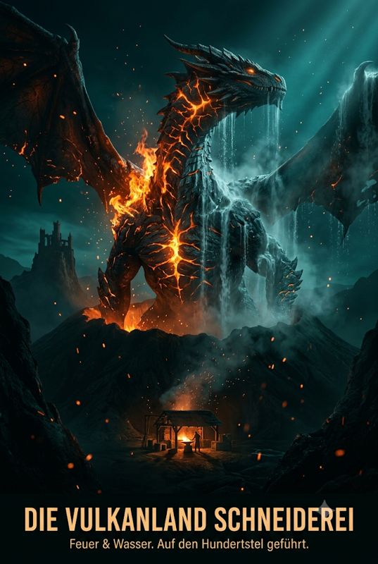 Der Drache der Vulkanland Schneiderei – halb Feuer, halb Wasser – über dem Vulkanland